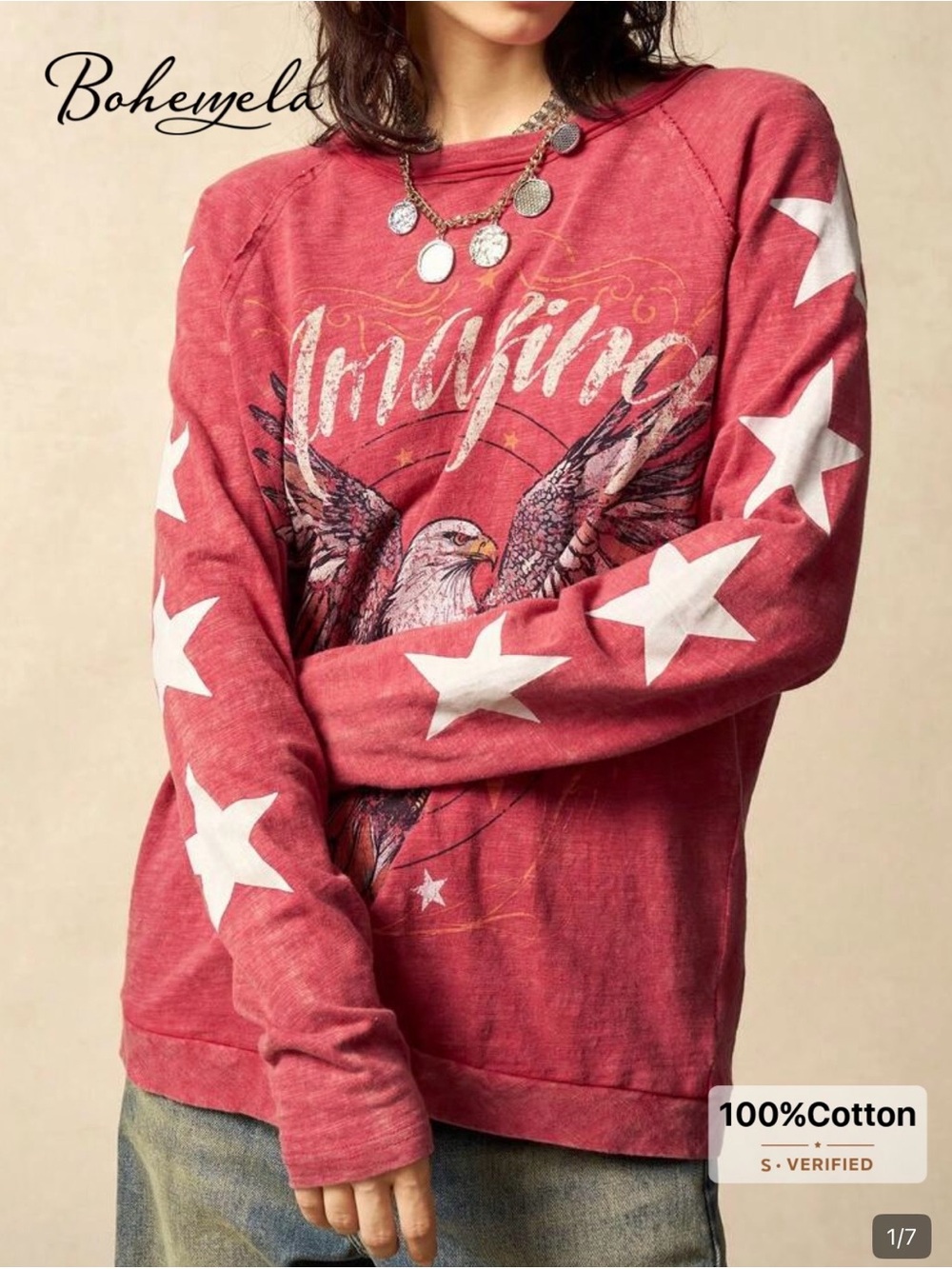 NWOT Women's Red Long Sleeve Graphic Tee - 'Amazing' Eagle Print, Size Medium